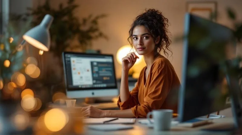 Frau lernt online am Schreibtisch in Marl fuer ihre IHK-Fortbildung