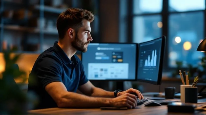 Mann am Laptop lernt online in einem hellen Büro in Marl