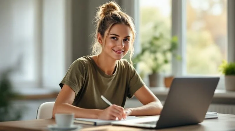 Frau lernt am Laptop in einem hellen Wohnzimmer in Marl
