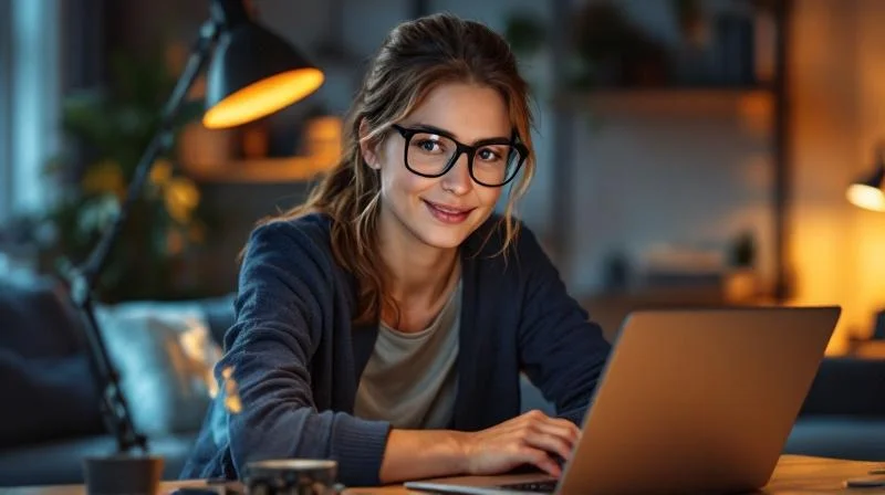 Berufstaetige Frau lernt abends online am Schreibtisch